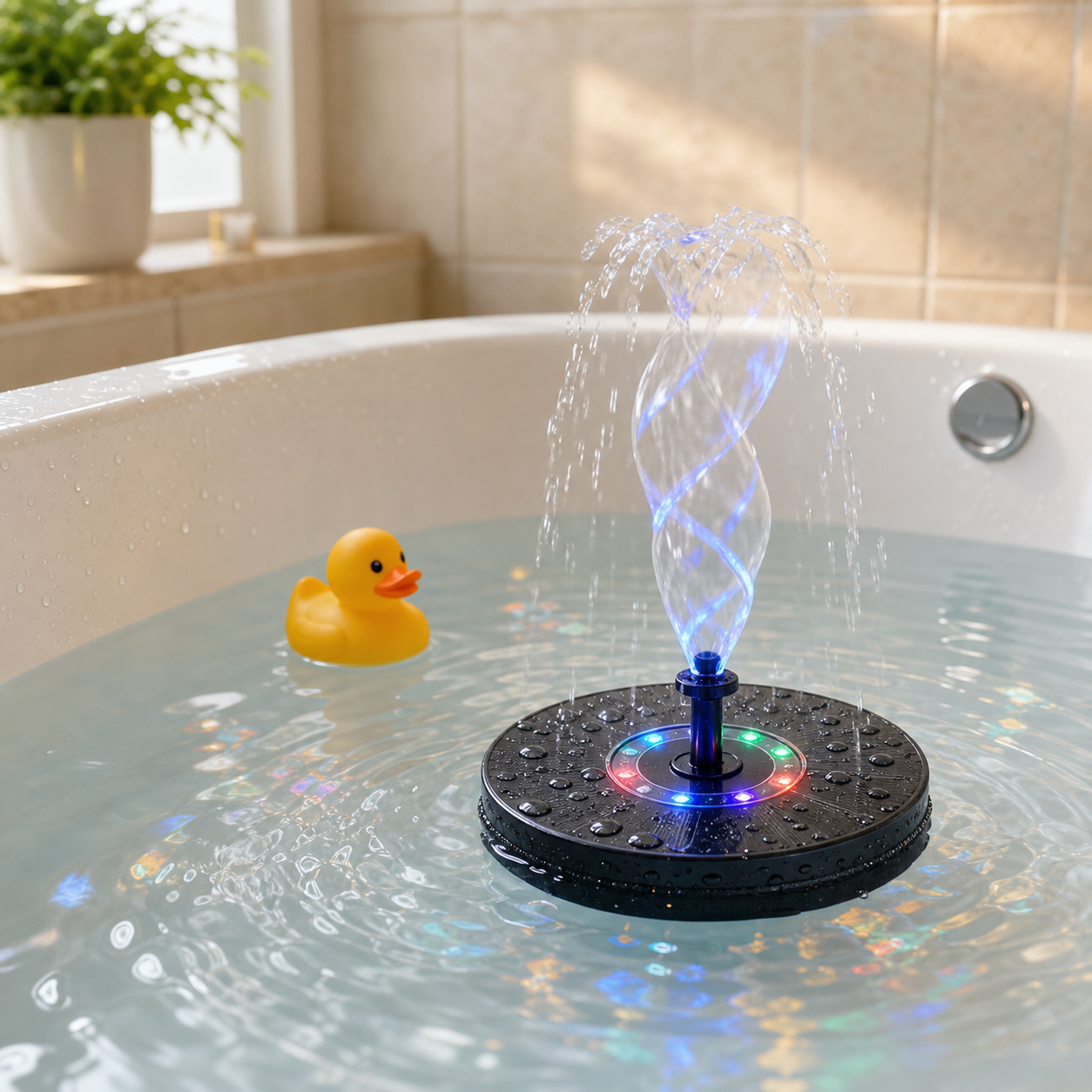 SolarGlow LED bath fountain toy floating in a bathtub with gentle spray