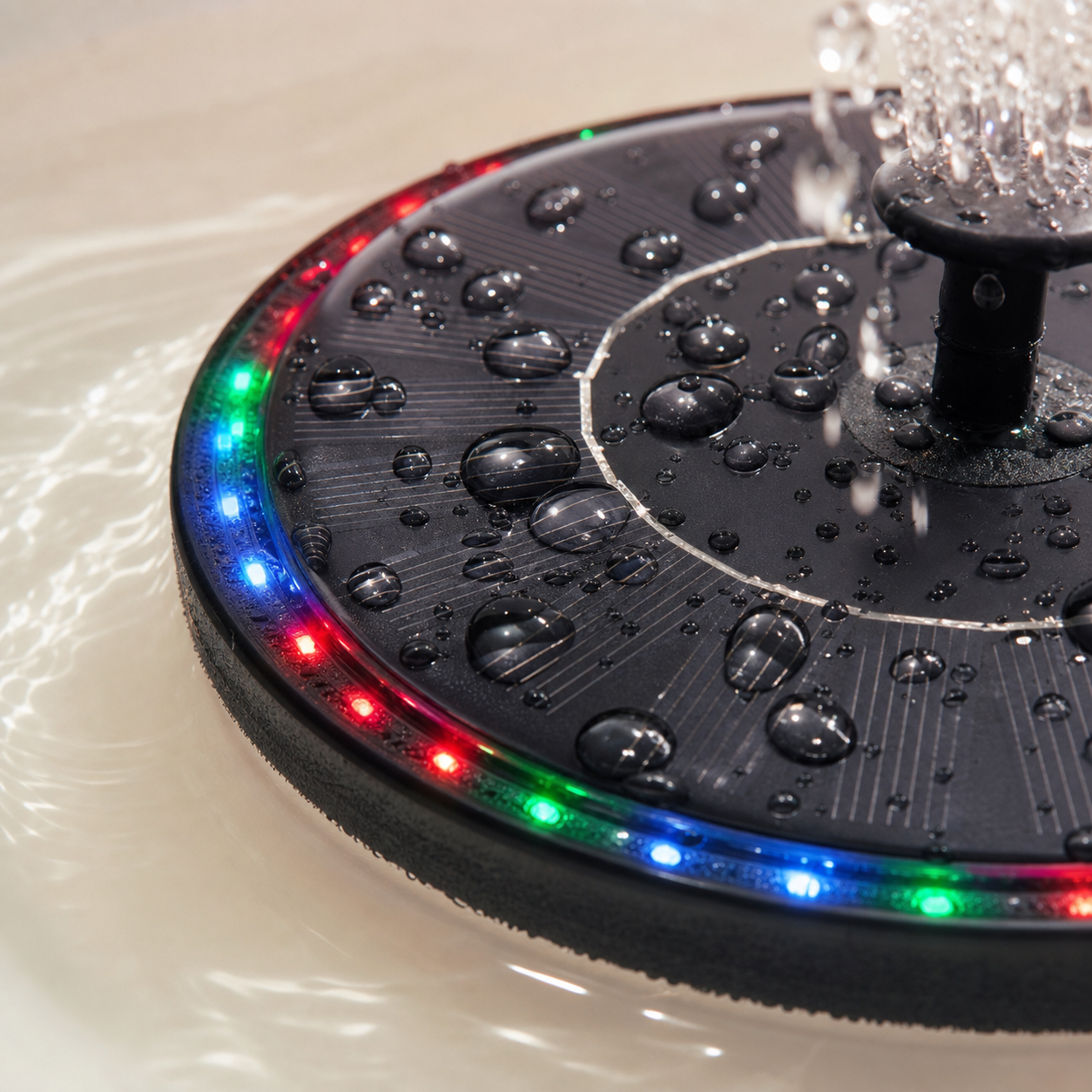 Close up of SolarGlow LED light ring, water droplets, and fountain nozzle