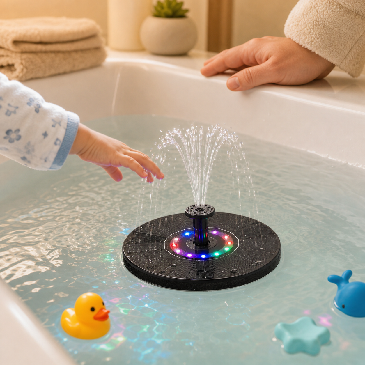 Supervised bath-time water play with SolarGlow LED fountain toy