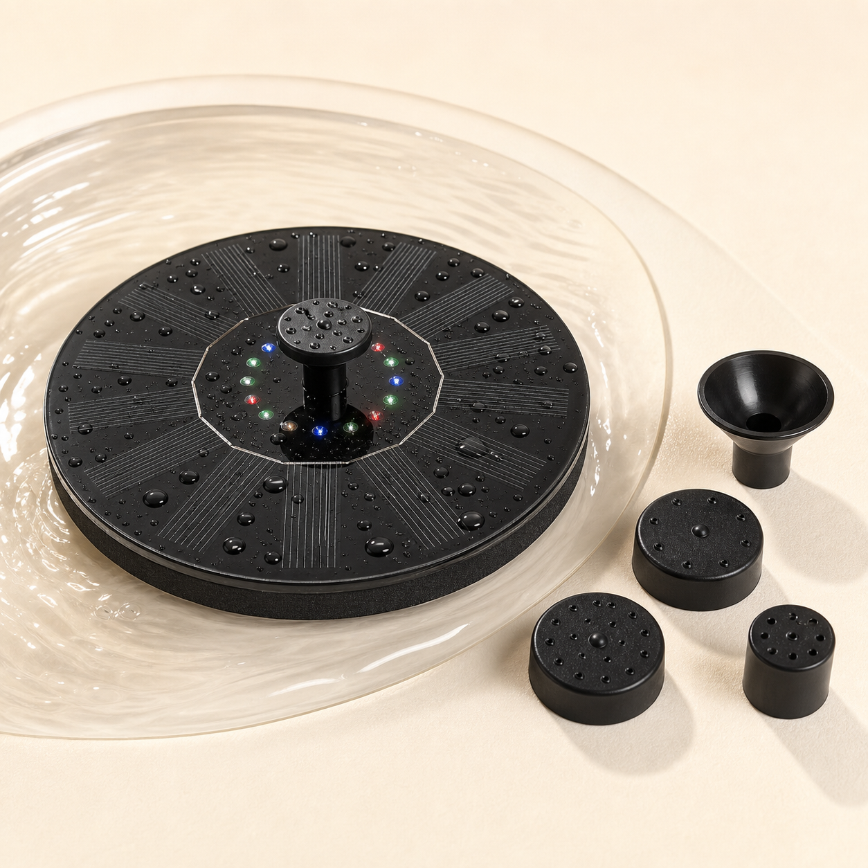 SolarGlow bath fountain toy with interchangeable spray nozzles
