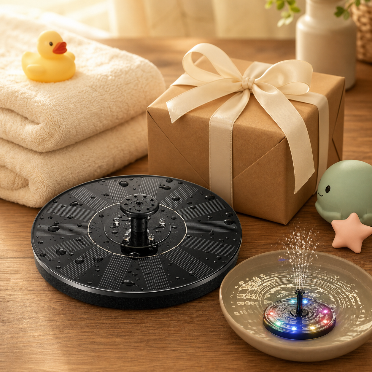 SolarGlow LED bath fountain toy styled as a gift-ready kids water toy