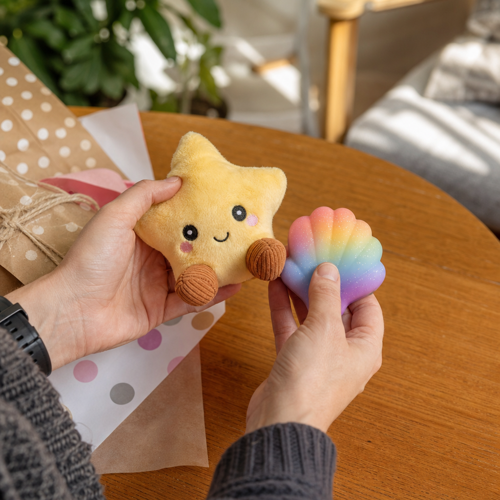 Cozy gift moment with a toy in hand scene example